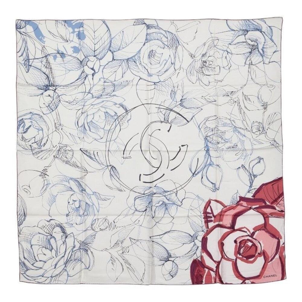Chanel CC Logo Camellia Flower Pattern Silk Scarf Multicolor